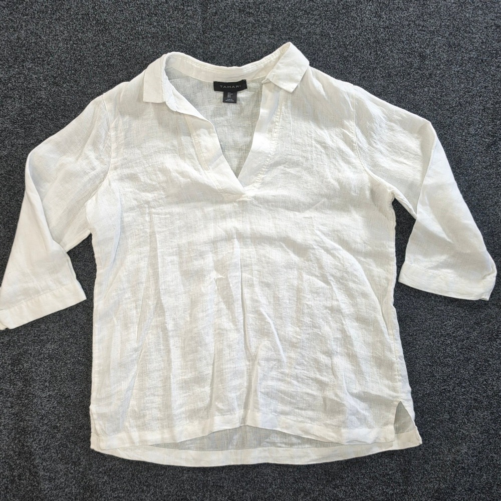 Tahari Coastal Grandmother Linen V-Neck Tunic Top Large White Quiet Luxury Luxe